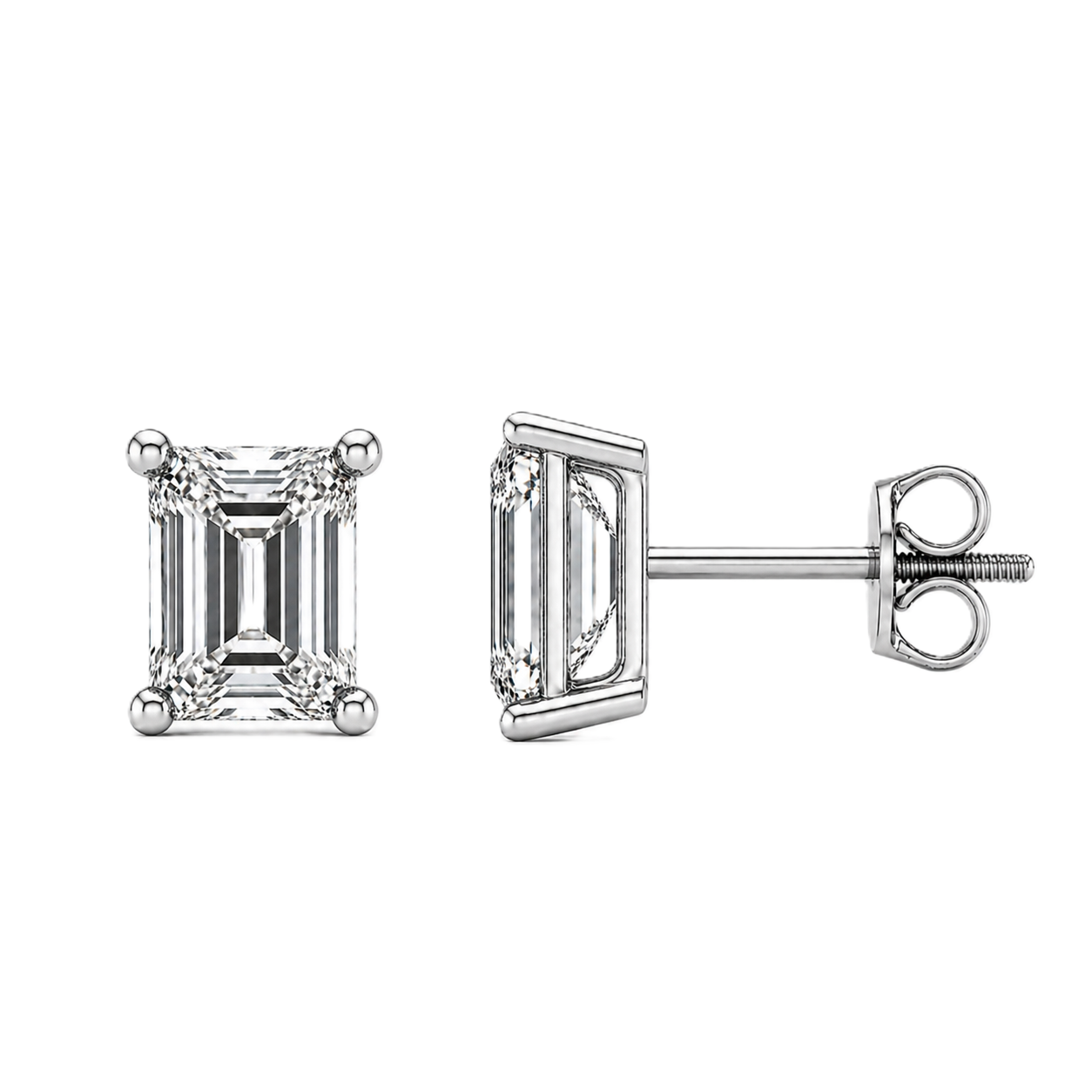 Moissanite Emerald-Cut Stud Earrings crafted in white gold-plated 925 silver with palladium-added alloy. Elegant and hypoallergenic. Available at BSI Jewelry.