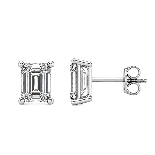 Moissanite Emerald-Cut Stud Earrings crafted in white gold-plated 925 silver with palladium-added alloy. Elegant and hypoallergenic. Available at BSI Jewelry.