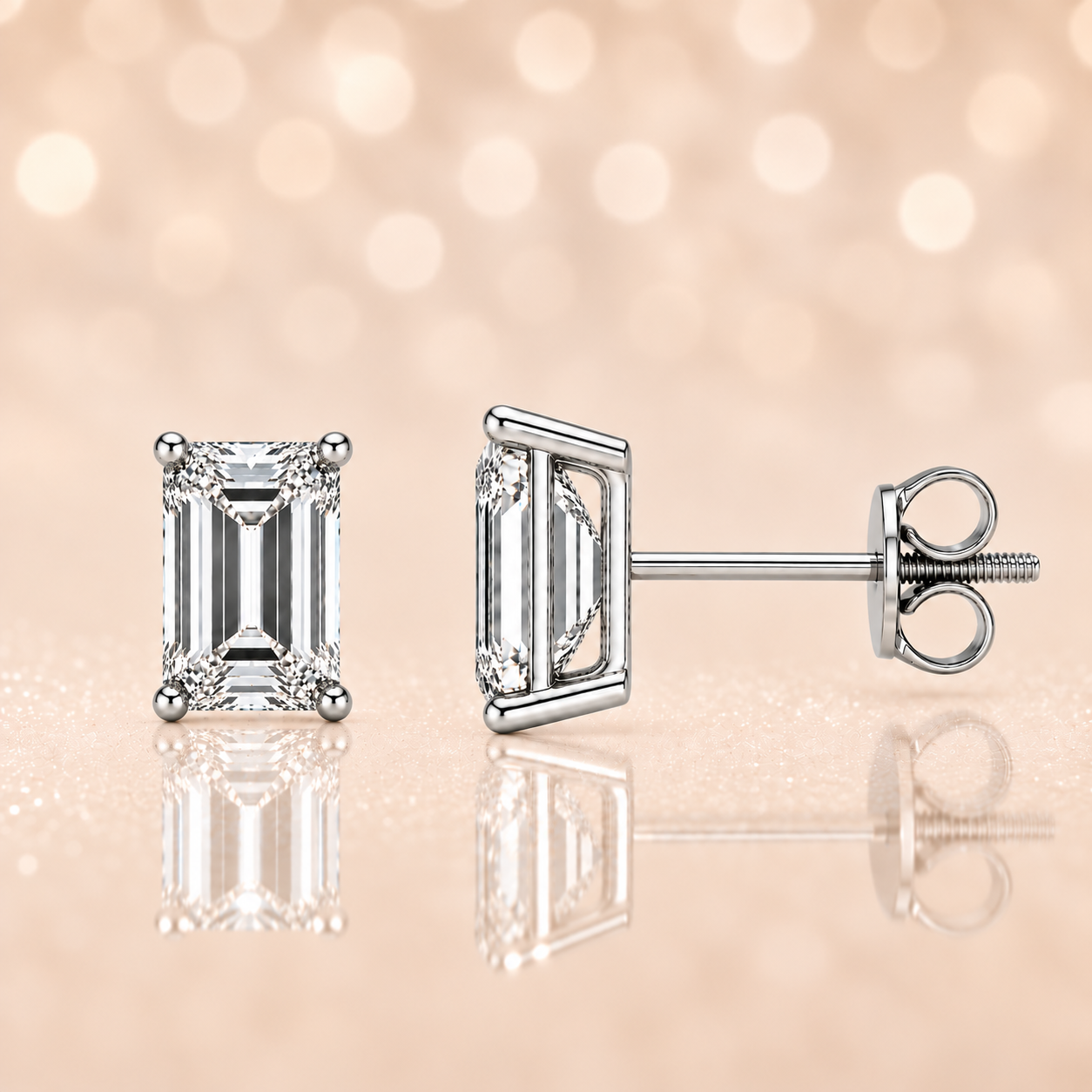 Moissanite Emerald-Cut Stud Earrings crafted in white gold-plated 925 silver with palladium-added alloy. Elegant and hypoallergenic. Available at BSI Jewelry.