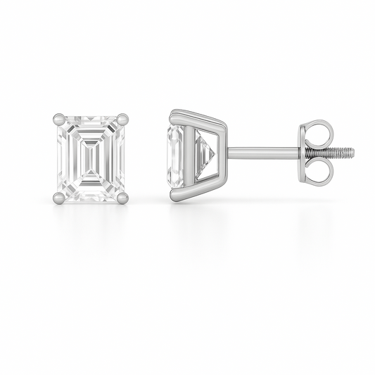 Emerald Cut Moissanite stud earrings in white gold-plated 925 silver with palladium alloy and screw-back posts. Secure and safe to wear. Now at BSI Jewelry.