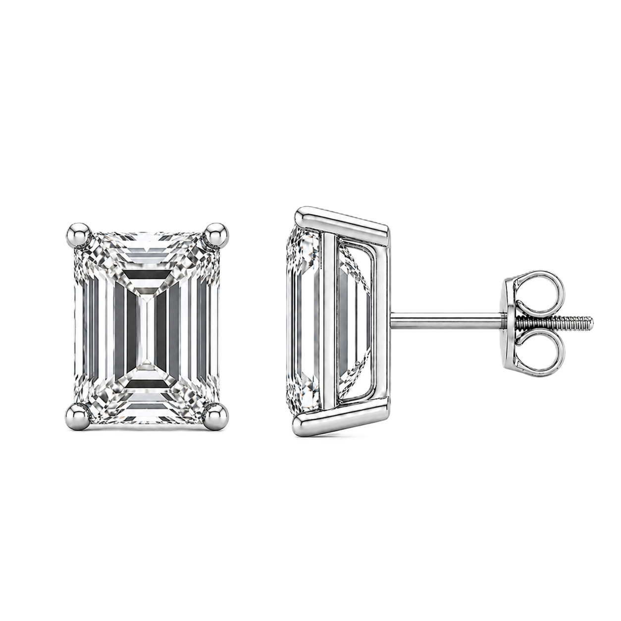 Emerald Cut Moissanite stud earrings in white gold-plated 925 silver with palladium alloy and screw-back posts. Secure and safe to wear. Now at BSI Jewelry.