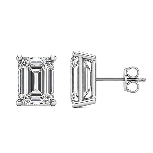 Emerald Cut Moissanite stud earrings in white gold-plated 925 silver with palladium alloy and screw-back posts. Secure and safe to wear. Now at BSI Jewelry.