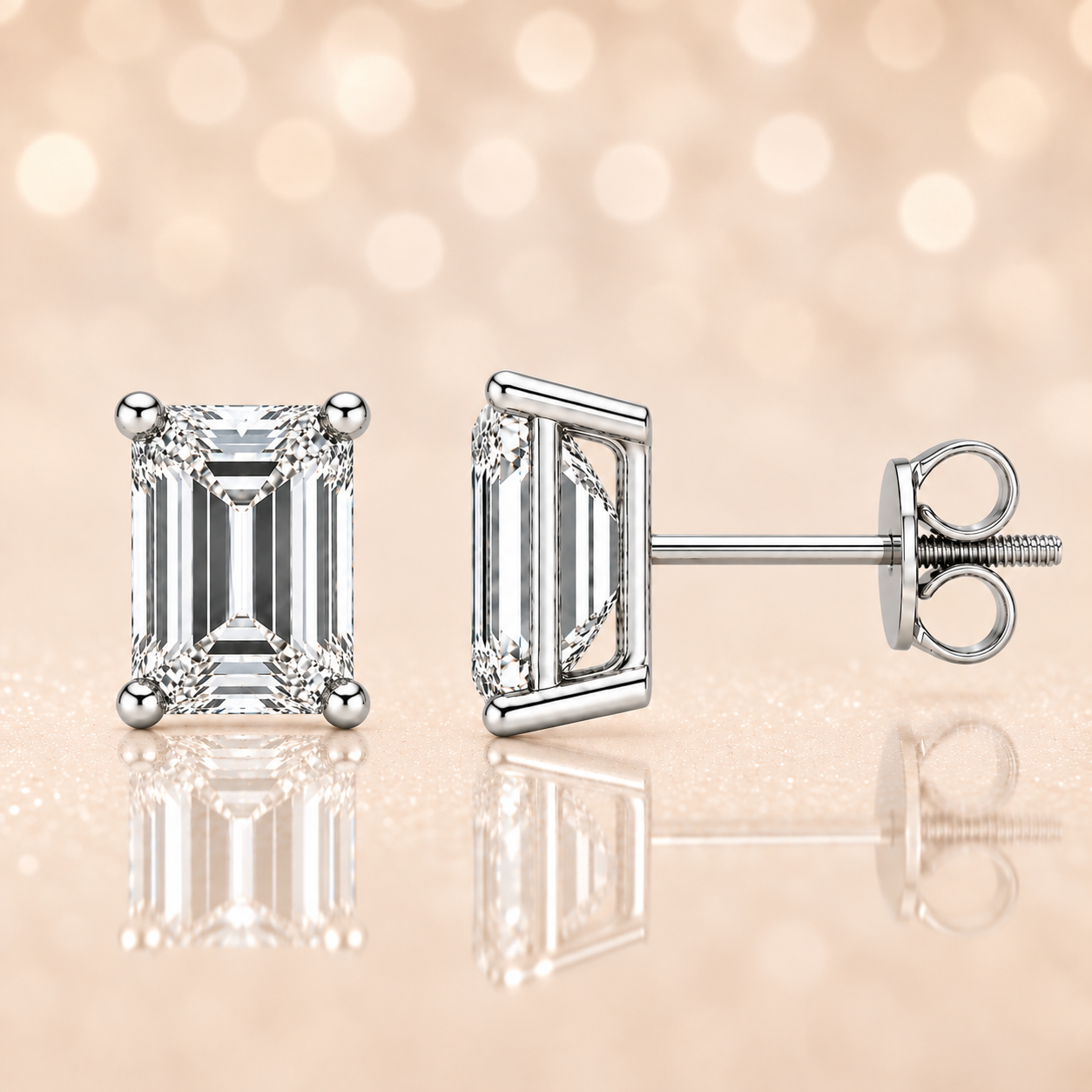 Emerald Cut Moissanite stud earrings in white gold-plated 925 silver with palladium alloy and screw-back posts. Secure and safe to wear. Now at BSI Jewelry.