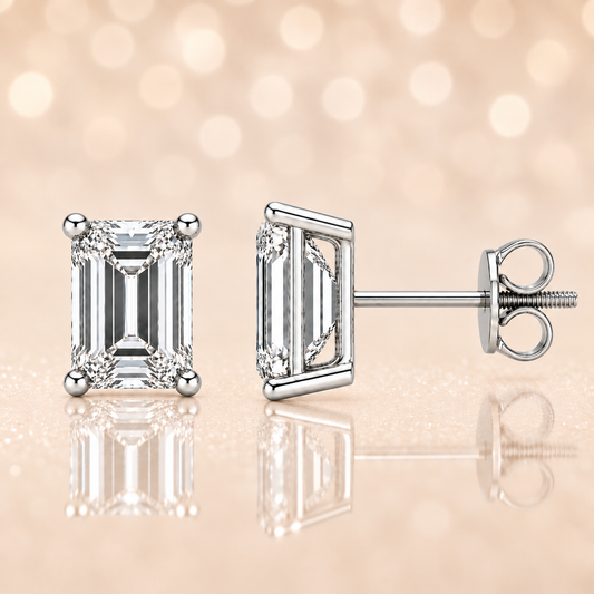 Emerald Cut Moissanite stud earrings in white gold-plated 925 silver with palladium alloy and screw-back posts. Secure and safe to wear. Now at BSI Jewelry.