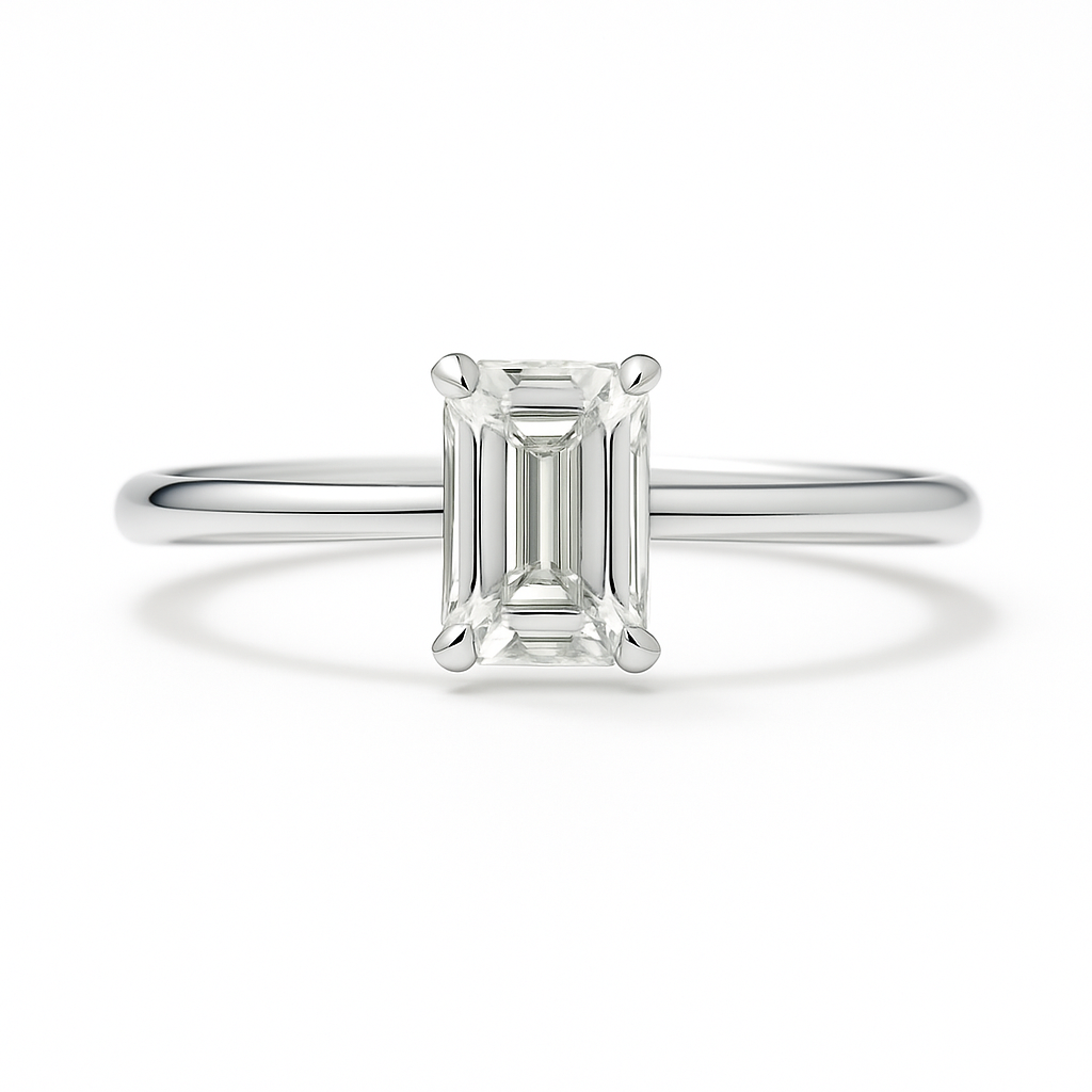 Elegant Moissanite emerald solitaire ring with 6×4 mm stone in white gold-plated 925 silver. Radiant sparkle with hypoallergenic comfort. Now at BSI Jewelry.