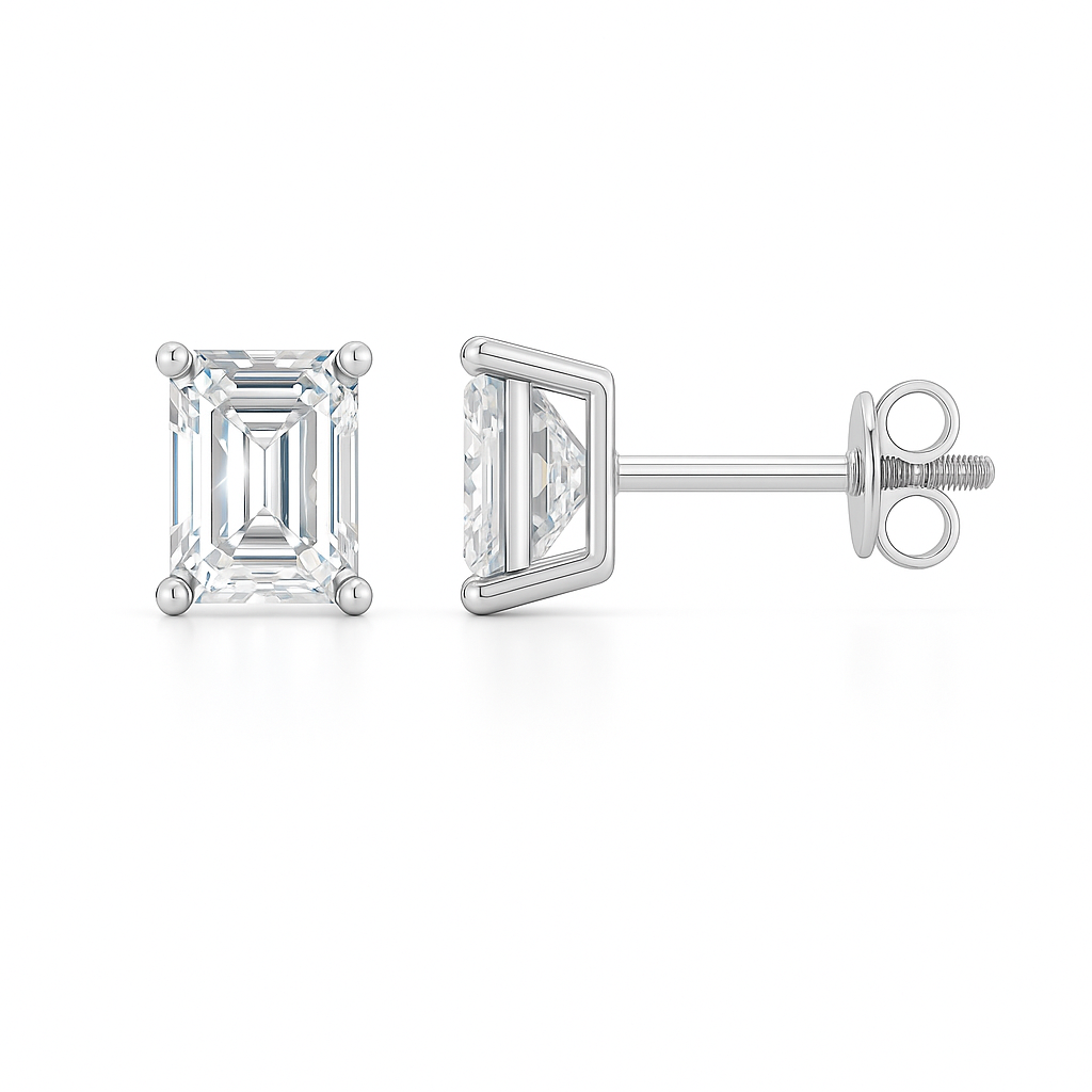 Moissanite emerald stud earrings in 5×3 mm, crafted in white gold-plated 925 silver with screw-back posts. Safe for sensitive skin. Available now at BSI Jewelry.