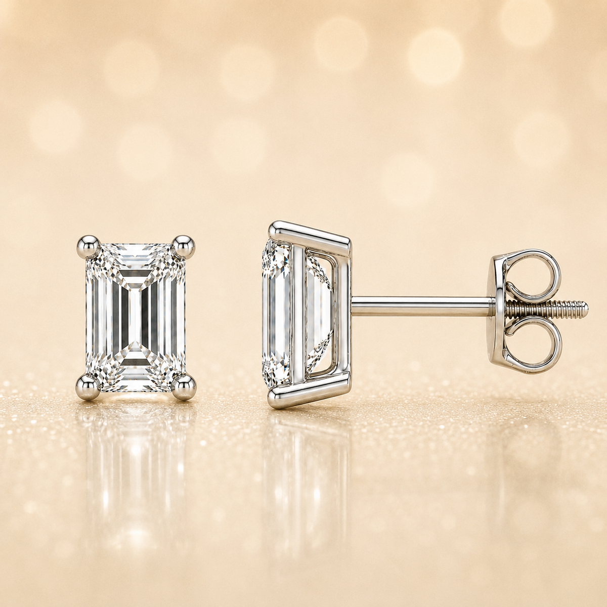 Moissanite emerald stud earrings in 5×3 mm, crafted in white gold-plated 925 silver with screw-back posts. Safe for sensitive skin. Available now at BSI Jewelry.