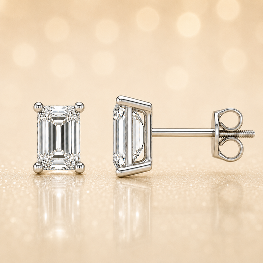 Moissanite emerald stud earrings in 5×3 mm, crafted in white gold-plated 925 silver with screw-back posts. Safe for sensitive skin. Available now at BSI Jewelry.