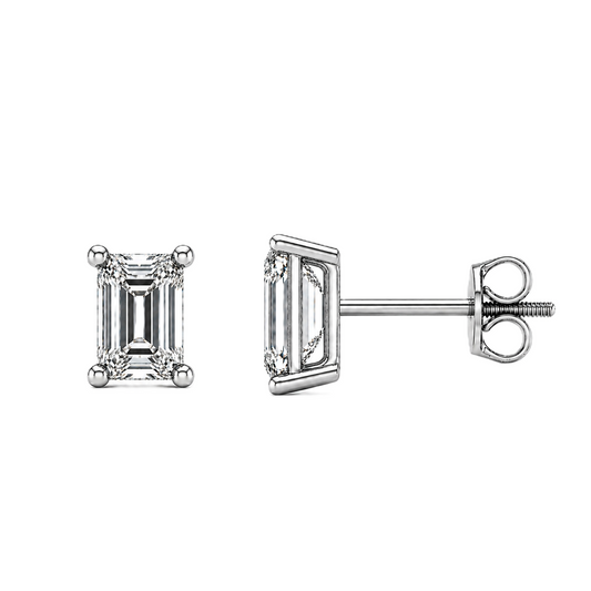 Moissanite emerald stud earrings in 5×3 mm, crafted in white gold-plated 925 silver with screw-back posts. Safe for sensitive skin. Available now at BSI Jewelry.