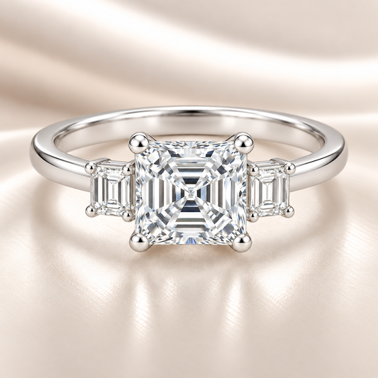 Moissanite engagement ring with 6 mm Asscher and emerald-cut accents in white gold-plated 925 silver. Elegant and hypoallergenic. Available now at BSI Jewelry.
