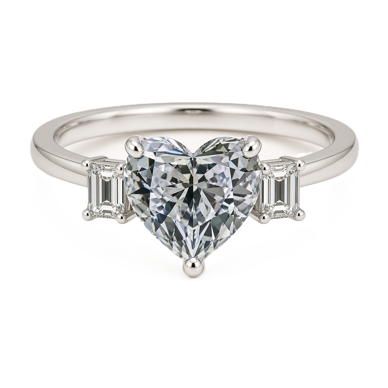 Moissanite engagement ring with 6 mm heart center and emerald accents in white gold-plated 925 silver. Elegant and hypoallergenic. Available now at BSI Jewelry.