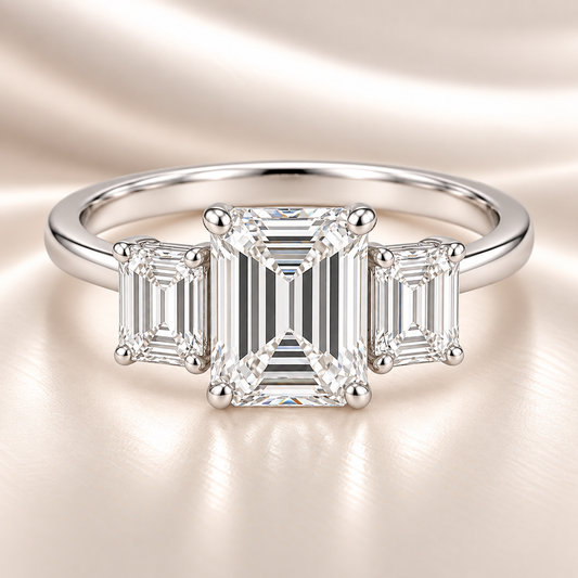 Moissanite engagement ring with 7×5 mm emerald and emerald-cut accents in white gold-plated 925 silver. Elegant and hypoallergenic. Available now at BSI Jewelry.