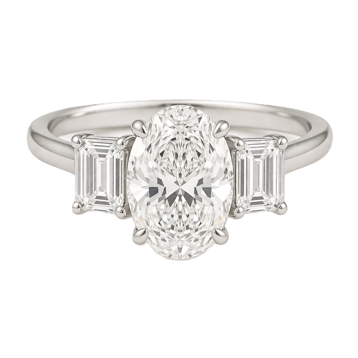 Moissanite engagement ring with 7×5 mm oval and emerald-cut accents in white gold-plated 925 silver. Elegant and hypoallergenic. Available now at BSI Jewelry.