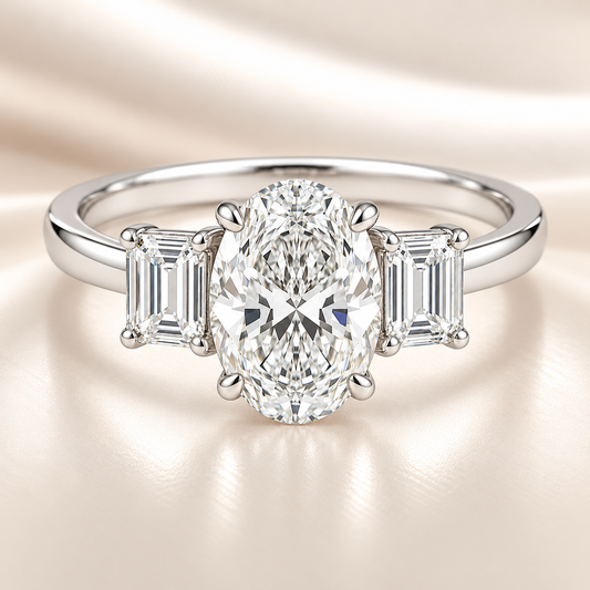 Moissanite engagement ring with 7×5 mm oval and emerald-cut accents in white gold-plated 925 silver. Elegant and hypoallergenic. Available now at BSI Jewelry.