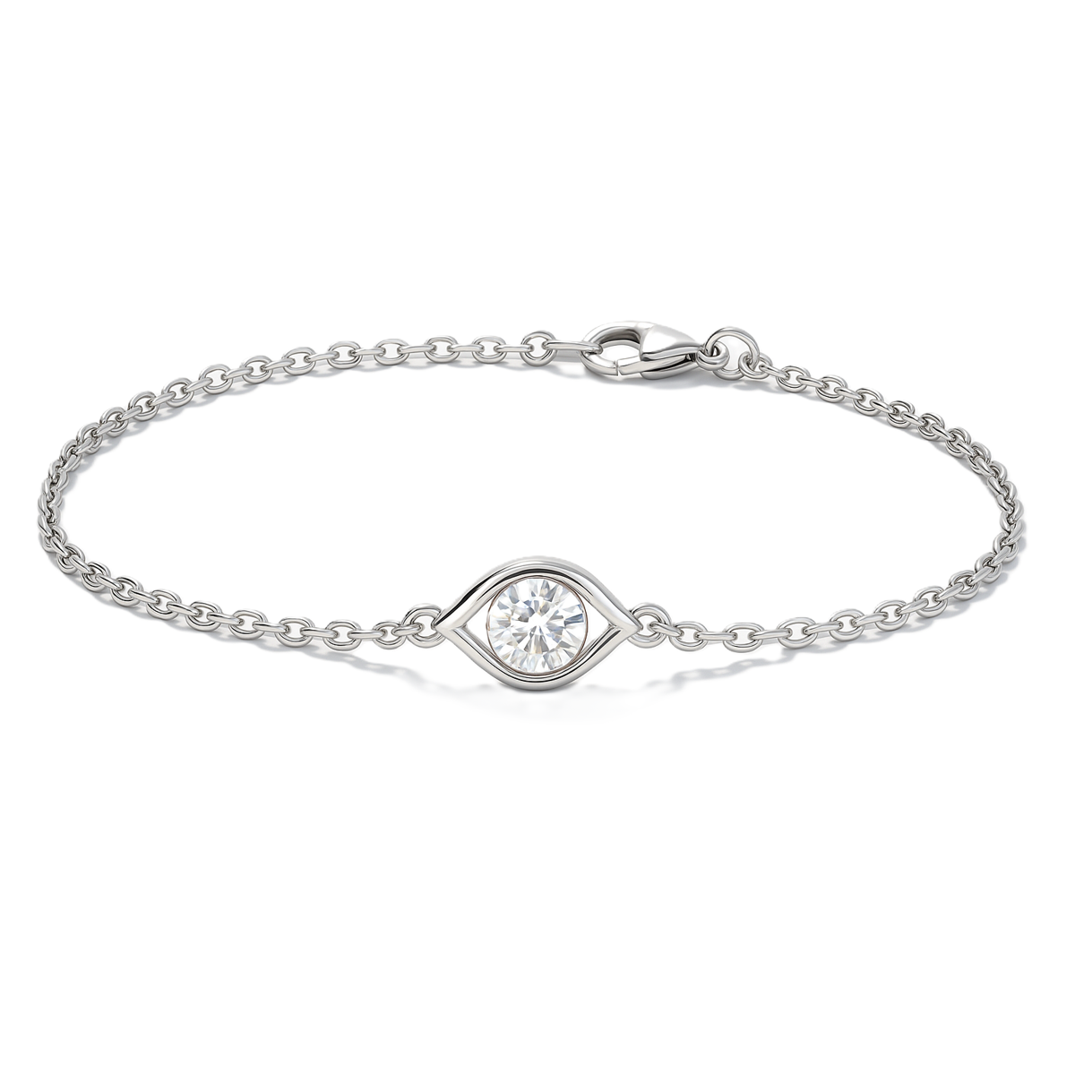 Elegant Moissanite eye bracelet with 3 mm round brilliant stone, crafted in white-gold-plated 925 silver. Timeless elegance. Available now at BSI Jewelry.