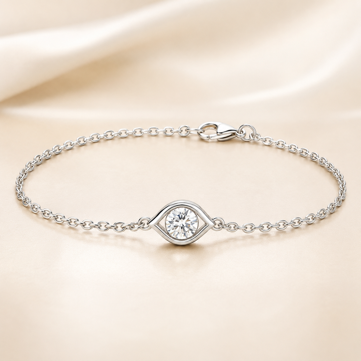 Elegant Moissanite eye bracelet with 3 mm round brilliant stone, crafted in white-gold-plated 925 silver. Timeless elegance. Available now at BSI Jewelry.
