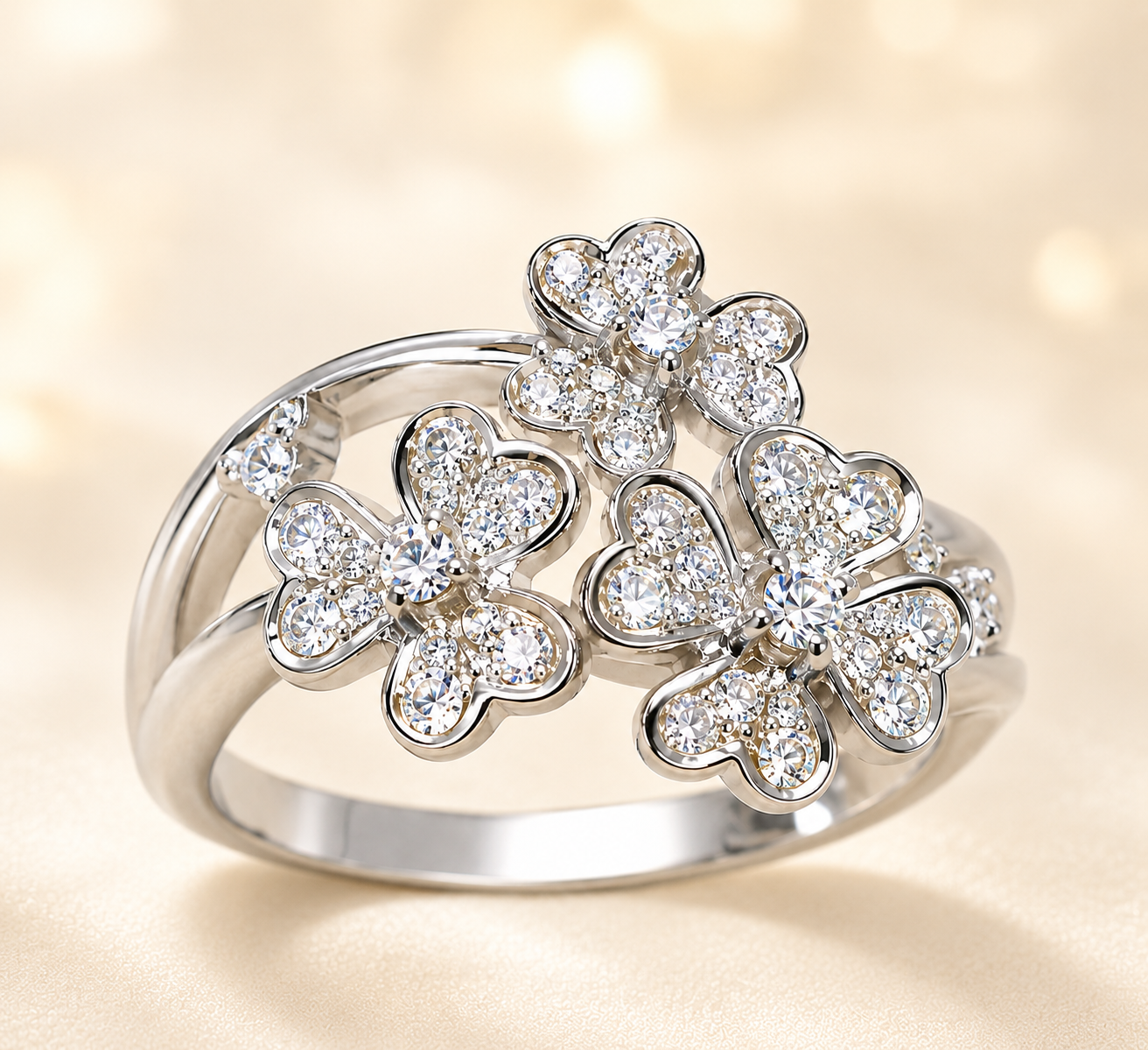 Shop a moissanite flower cocktail ring in hypoallergenic 925 silver. A brilliant floral sparkle statement for special occasions. Available at BSI Jewelry.