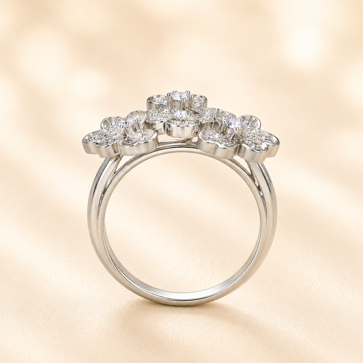 Side view-Shop a moissanite flower cocktail ring in hypoallergenic 925 silver. A brilliant floral sparkle statement for special occasions. Available at BSI Jewelry.