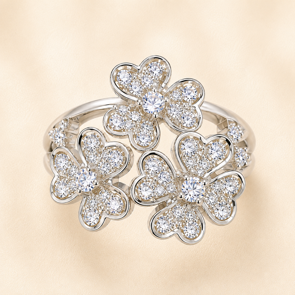 Top view-Shop a moissanite flower cocktail ring in hypoallergenic 925 silver. A brilliant floral sparkle statement for special occasions. Available at BSI Jewelry.
