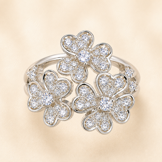 Top view-Shop a moissanite flower cocktail ring in hypoallergenic 925 silver. A brilliant floral sparkle statement for special occasions. Available at BSI Jewelry.