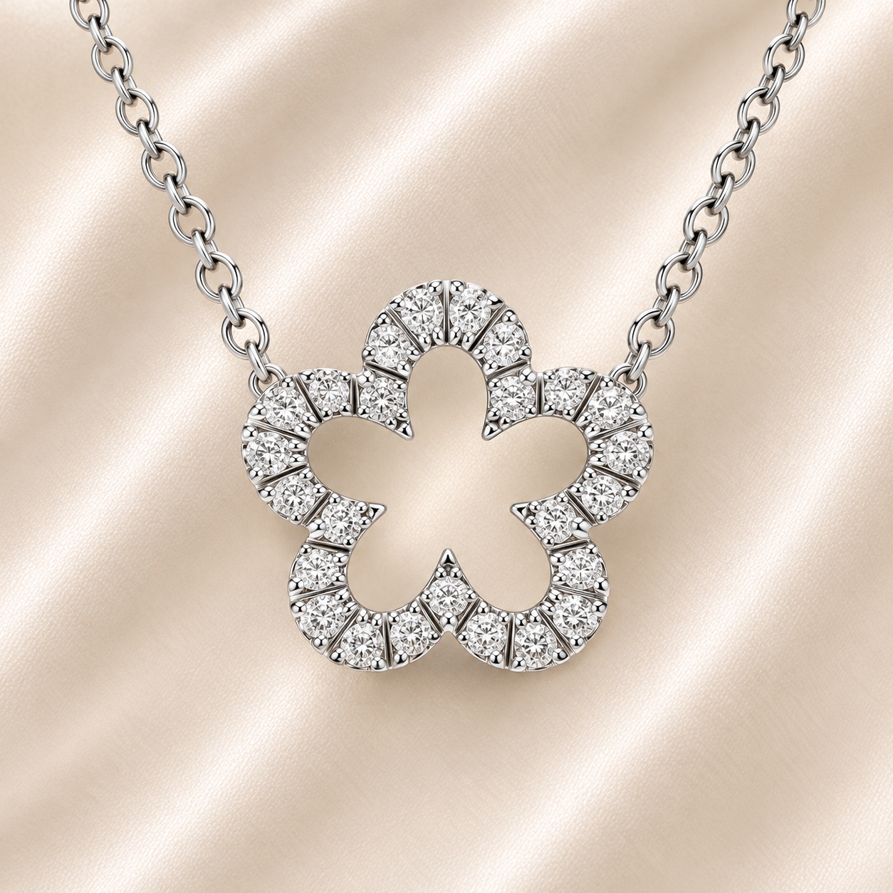 Charming Moissanite flower necklace in 925 silver with a sparkling pavé halo. A feminine and timeless piece symbolizing beauty and grace. Available now at BSI Jewelry.