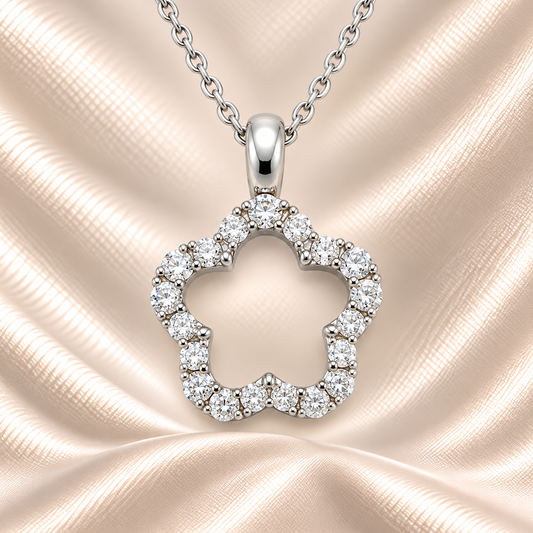 Delicate Moissanite flower pendant in 925 silver in pavé sparkle. Hypoallergenic and finely crafted for timeless feminine beauty. Available now at BSI Jewelry.