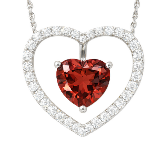 Moissanite and garnet necklace with a 6 mm heart-cut gemstone in white gold-plated 925 silver. Romantic and elegant. Available now at BSI Jewelry.