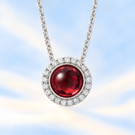 Moissanite and garnet pendant with a 6 mm cabochon gemstone in white gold-plated 925 silver. Elegant and expressive. Available now at BSI Jewelry.