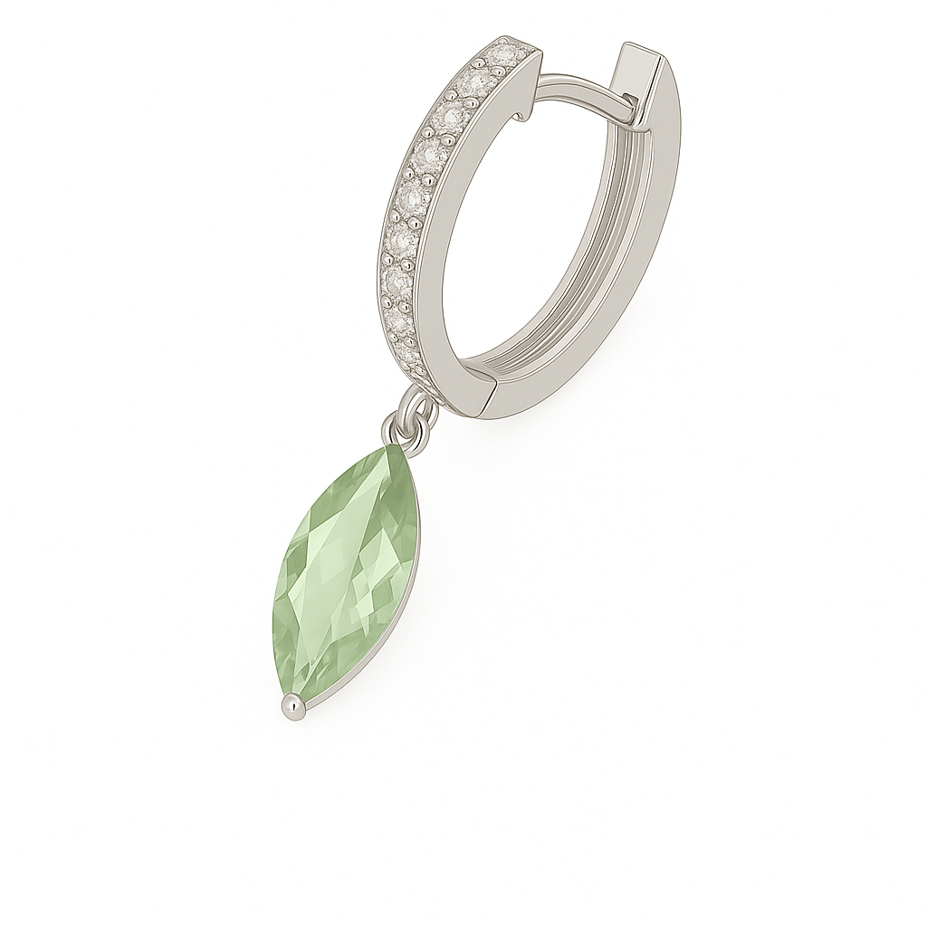 Green amethyst huggie earrings with 12×6 mm marquise cut, crafted in white gold-plated 925 silver and accented with Moissanite. Available now at BSI Jewelry.