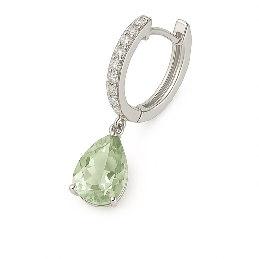 Moissanite & Green Amethyst Huggie Earrings, 8×5 mm pear cut, crafted in white gold-plated 925 silver. Elegant and hypoallergenic. Available now at BSI Jewelry.