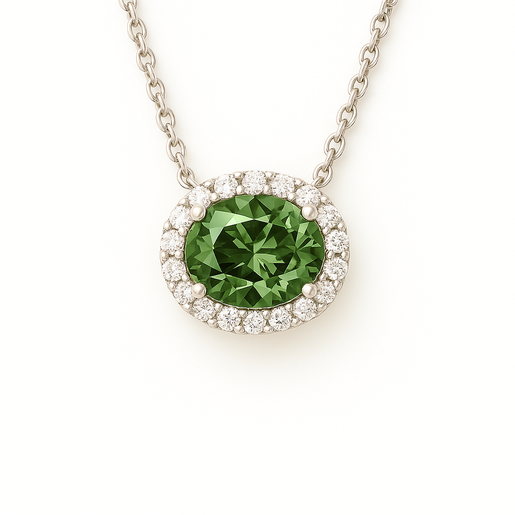 Elegant green amethyst oval necklace accented with Moissanite in 925 silver. 9×7mm gem, hypoallergenic, and radiant beauty. Available now at BSI Jewelry.