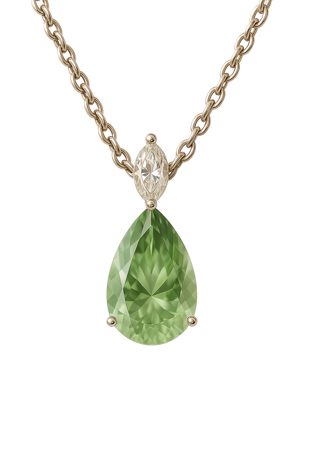 Serene 12×8mm pear-cut Green Amethyst necklace with marquise Moissanite accent in white-gold-plated 925 silver. Elegant and hypoallergenic. Now at BSI Jewelry.