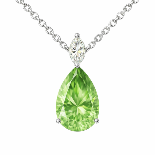 Serene 12×8mm pear-cut Green Amethyst pendant with marquise Moissanite accent in white-gold-plated 925 silver. Elegant and hypoallergenic. Now at BSI Jewelry.