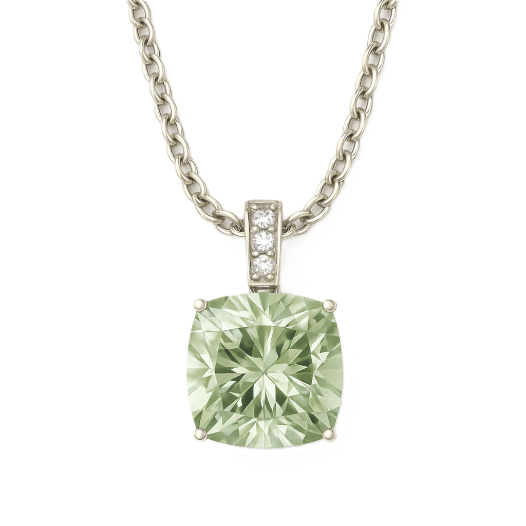 Moissanite and green amethyst pendant with a 6 mm cushion-cut gemstone in white gold-plated 925 silver. Fresh and elegant. Available now at BSI Jewelry.