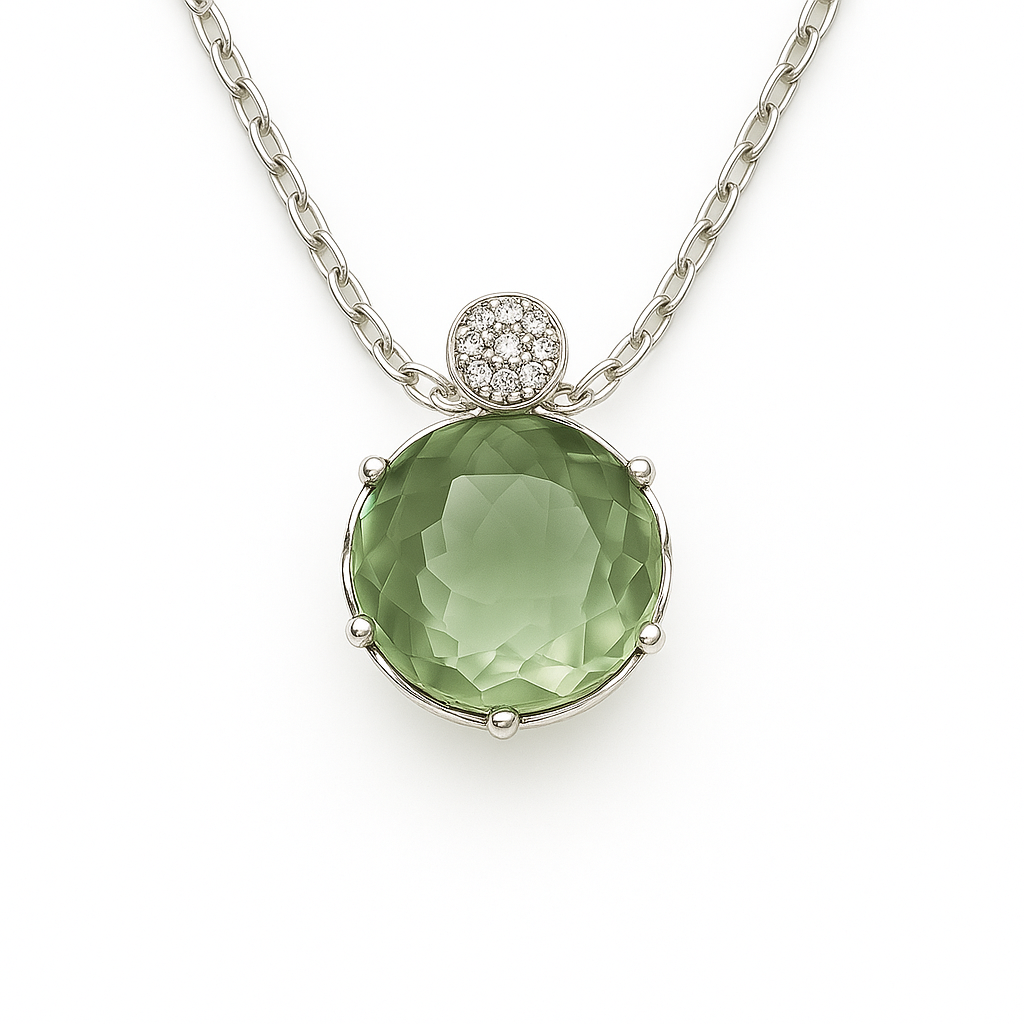 Elegant green amethyst cabochon pendant accented with Moissanite in 925 silver. 9mm gem, hypoallergenic design and timeless brilliance. Now at BSI Jewelry.