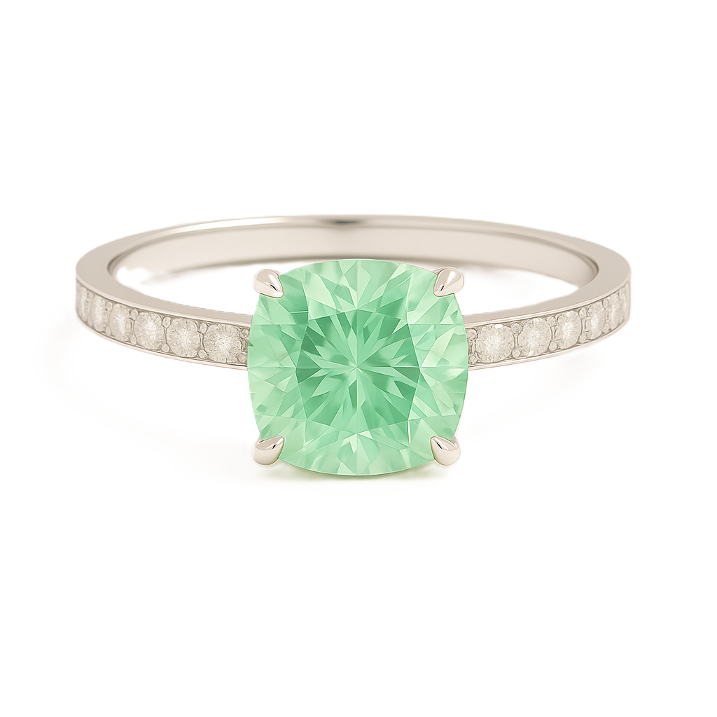 7mm cushion-cut Green Sapphire ring with Moissanite accents in white-gold-plated 925 silver. Finely crafted and hypoallergenic. Available now at BSI Jewelry.