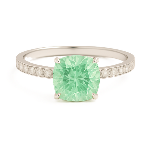 7mm cushion-cut Green Sapphire ring with Moissanite accents in white-gold-plated 925 silver. Finely crafted and hypoallergenic. Available now at BSI Jewelry.