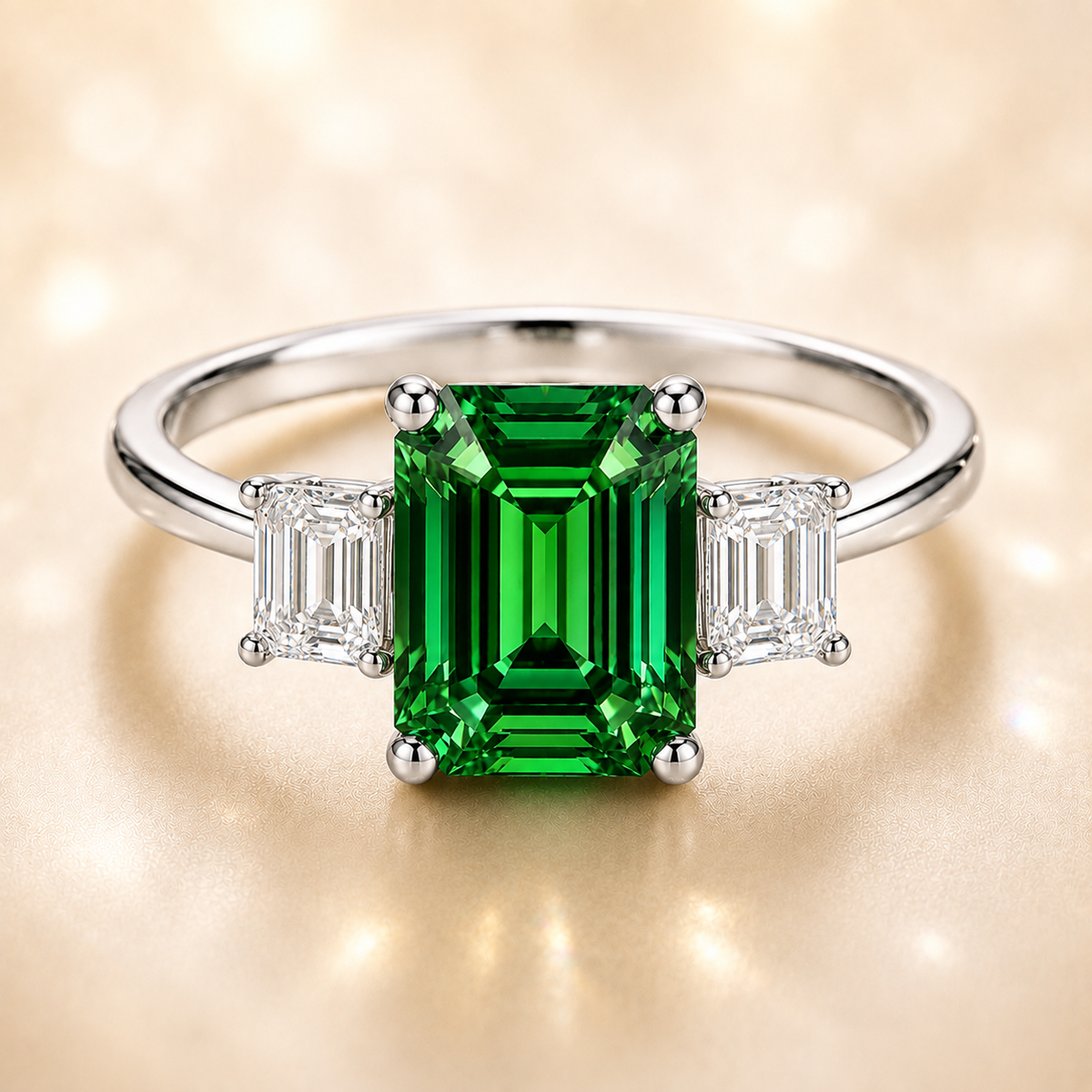7×5 mm emerald-cut green sapphire ring with baguette Moissanite accents in white-gold-plated 925 silver. Beauty and graceful charm. Available now at BSI Jewelry.