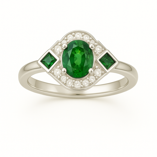 5×4 mm green sapphire ring with white Moissanite in white gold-plated hypoallergenic 925 silver. Timeless color with elegant sparkle. Available now at BSI Jewelry.