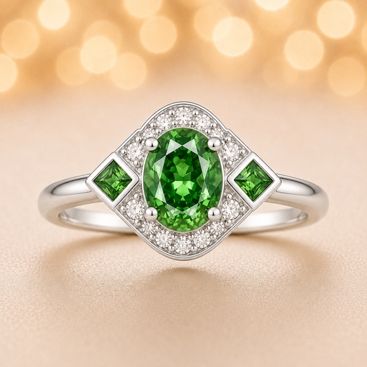 5×4 mm green sapphire ring with white Moissanite in white gold-plated hypoallergenic 925 silver. Timeless color with elegant sparkle. Available now at BSI Jewelry.