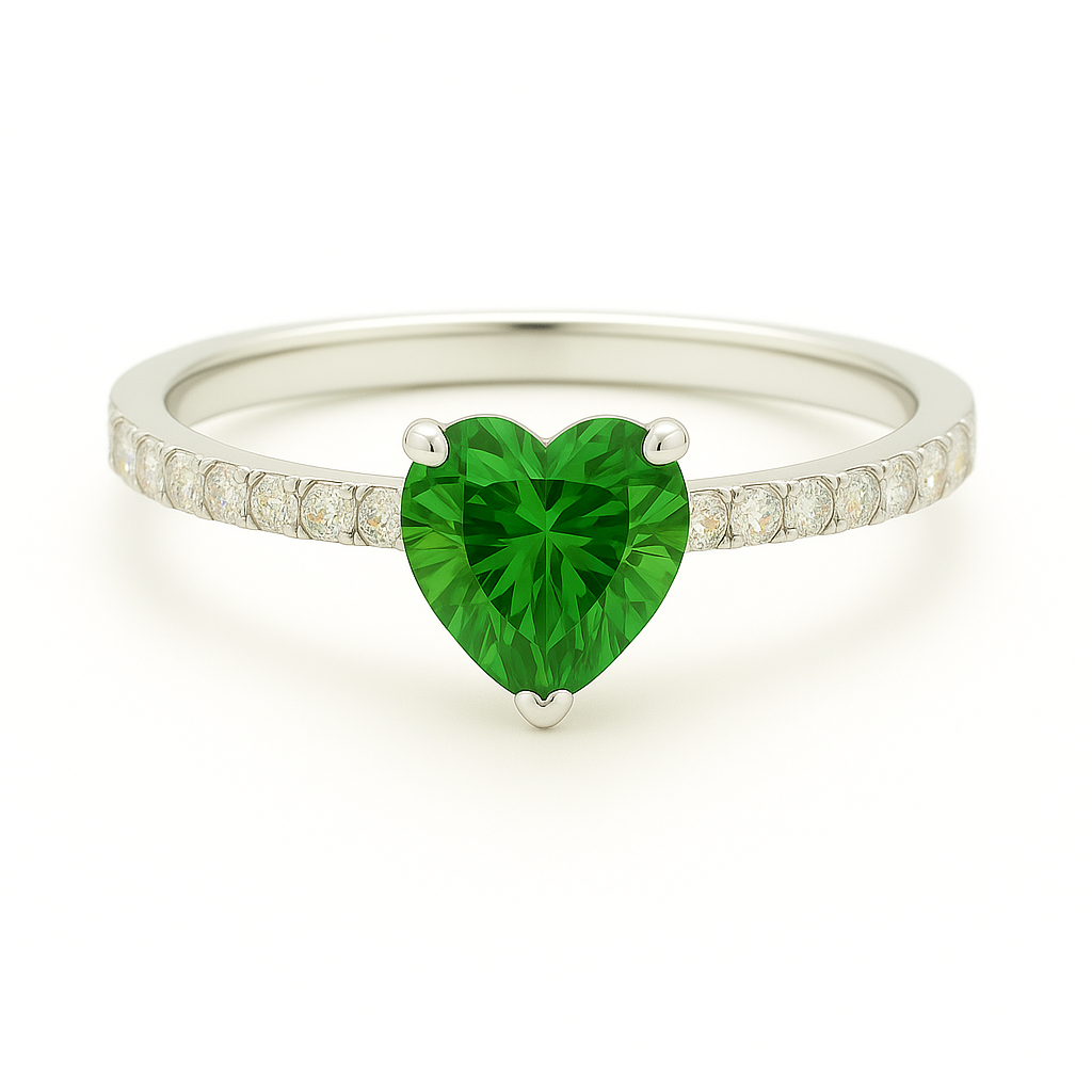 6mm heart-cut Green Sapphire ring with Moissanite accents in white-gold-plated 925 silver. Romantic, elegant, and hypoallergenic. Available now at BSI Jewelry.