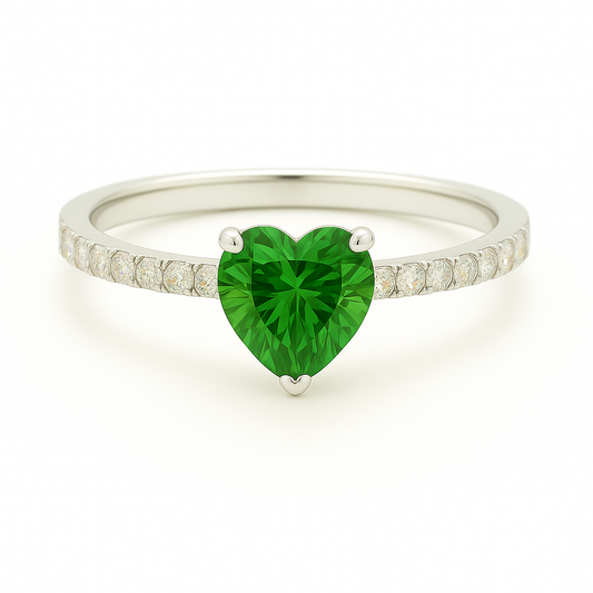 6mm heart-cut Green Sapphire ring with Moissanite accents in white-gold-plated 925 silver. Romantic, elegant, and hypoallergenic. Available now at BSI Jewelry.