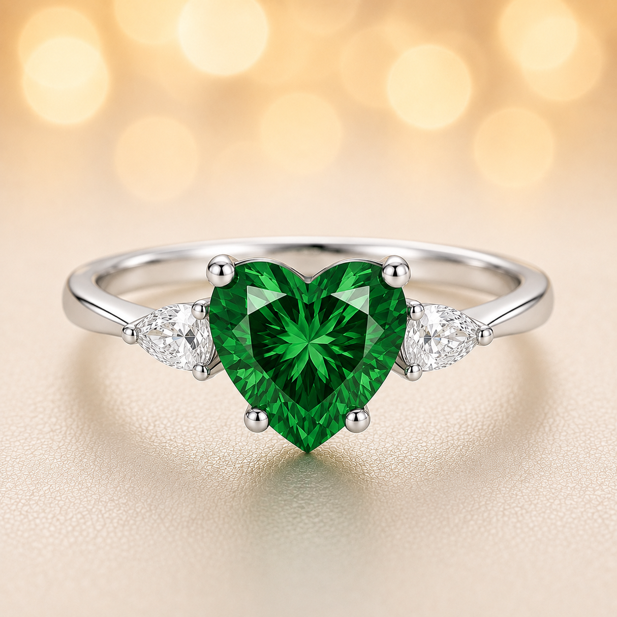 6 mm heart-cut green sapphire ring with pear-shaped Moissanite accents, set in white-gold-plated 925 silver. Romantic and charming. Available now at BSI Jewelry.