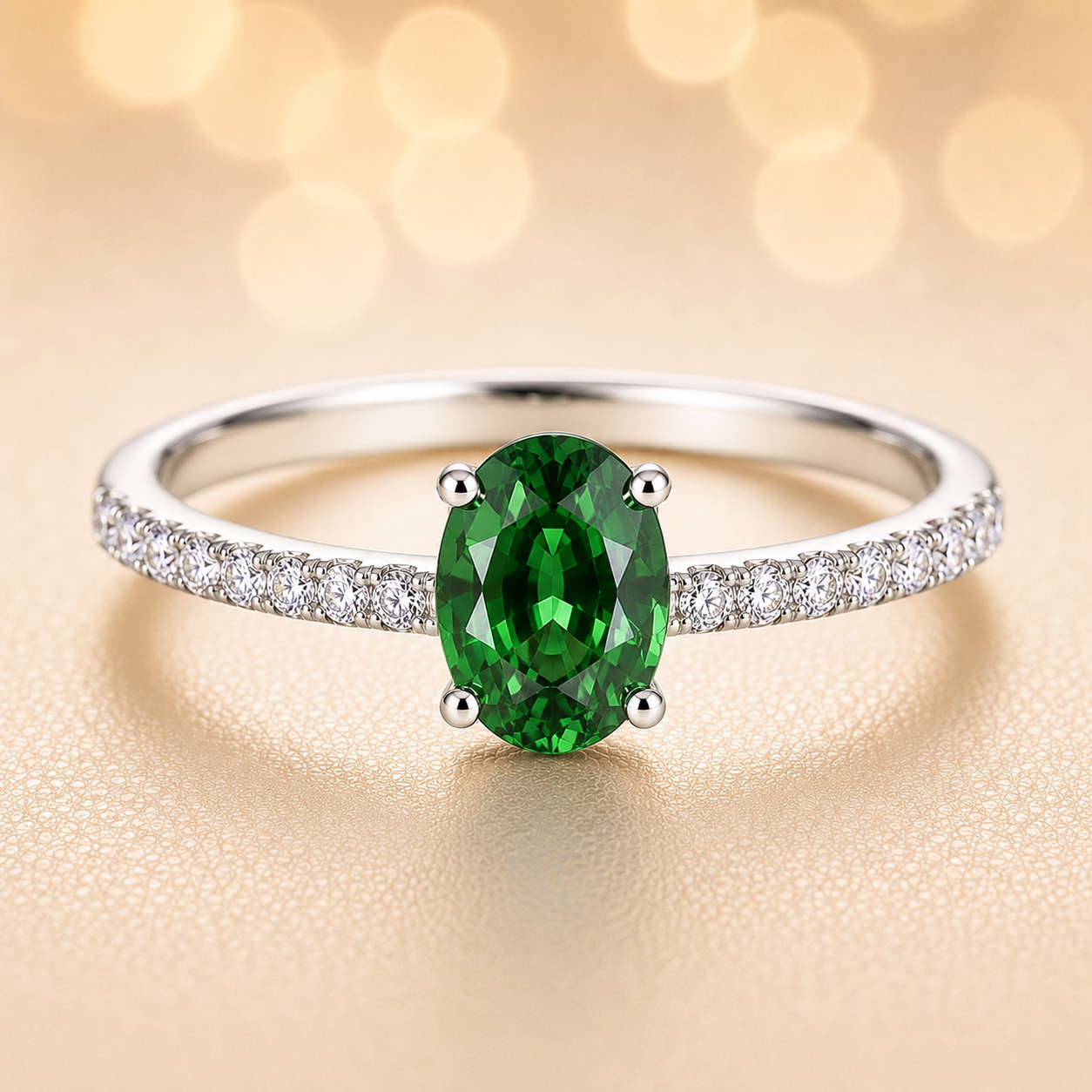 Radiant 7×5 mm green sapphire oval engagement ring accented with Moissanite, in white gold-plated 925 silver and palladium alloy. Available now at BSI Jewelry.