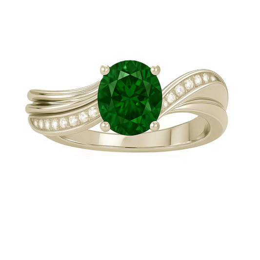 5×4 mm oval-cut green sapphire ring with Moissanite accents on a wave band in white-gold-plated 925 silver. Graceful and timeless charm. Now at BSI Jewelry.