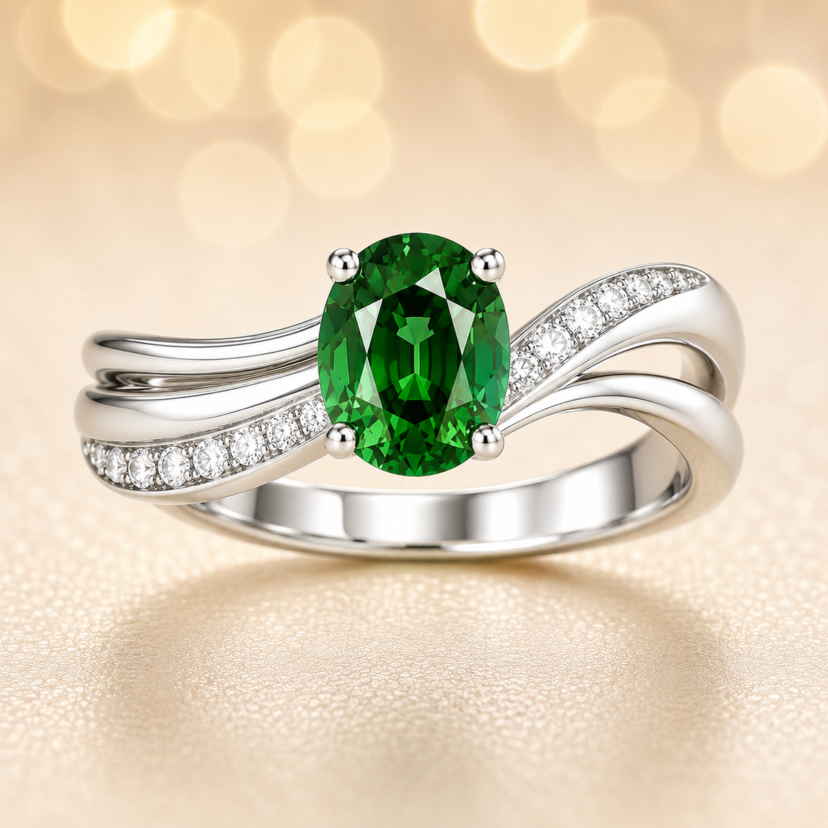 5×4 mm oval-cut green sapphire ring with Moissanite accents on a wave band in white-gold-plated 925 silver. Graceful and timeless charm. Now at BSI Jewelry.