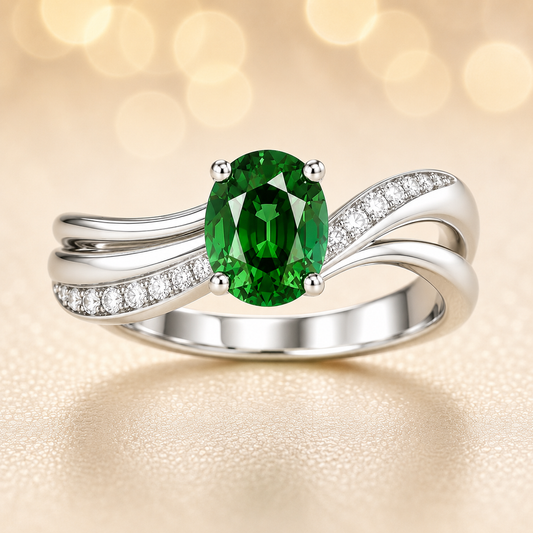 5×4 mm oval-cut green sapphire ring with Moissanite accents on a wave band in white-gold-plated 925 silver. Graceful and timeless charm. Now at BSI Jewelry.