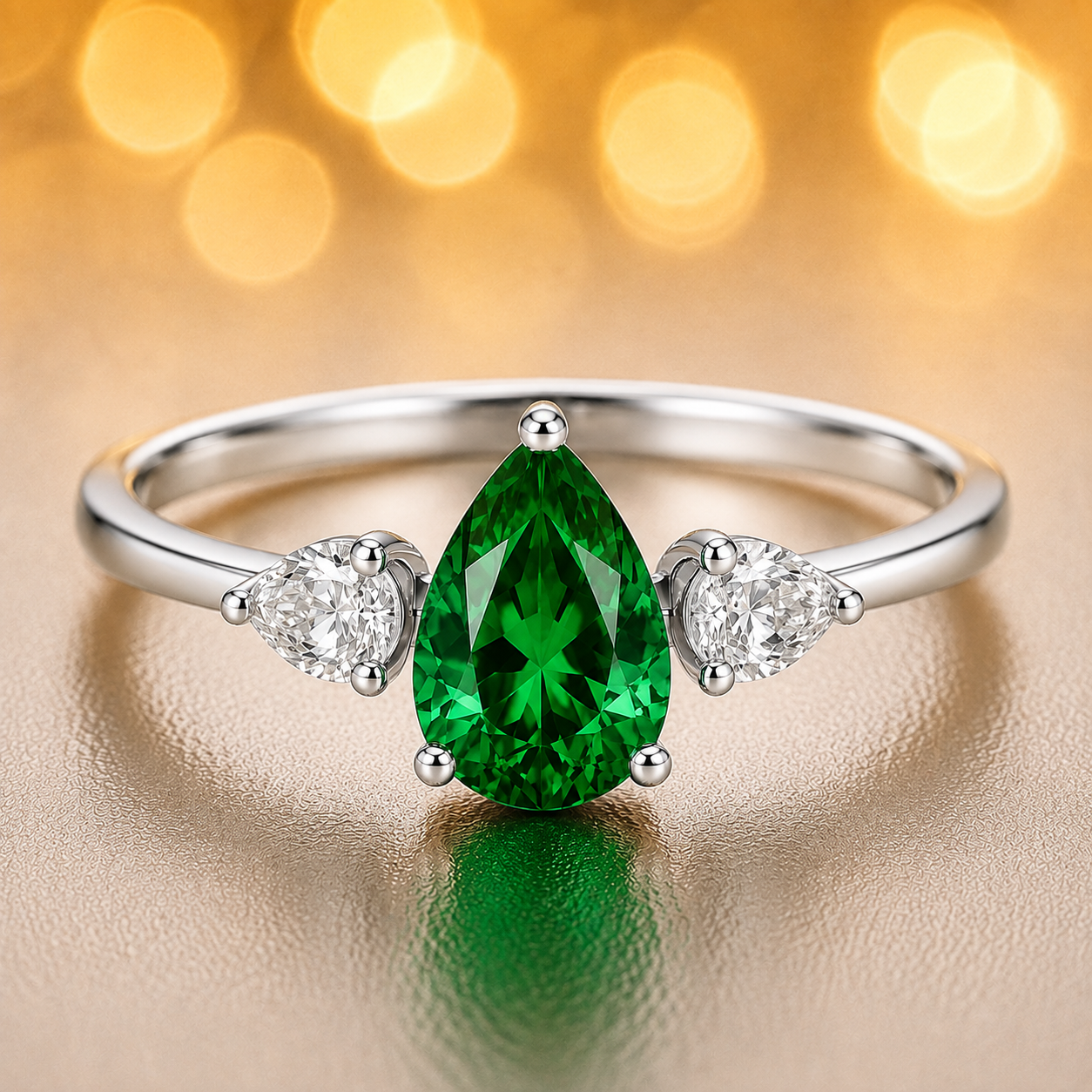 Vibrant pear-cut green sapphire with two pear-cut Moissanite side stones in white-gold-plated 925 silver. Elegant three-stone ring. Available now at BSI Jewelry.