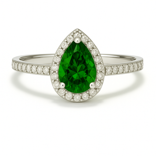 7×5 mm pear-cut green sapphire ring with Moissanite halo in white-gold-plated 925 silver. Vibrant color and refined brilliance. Available now at BSI Jewelry.