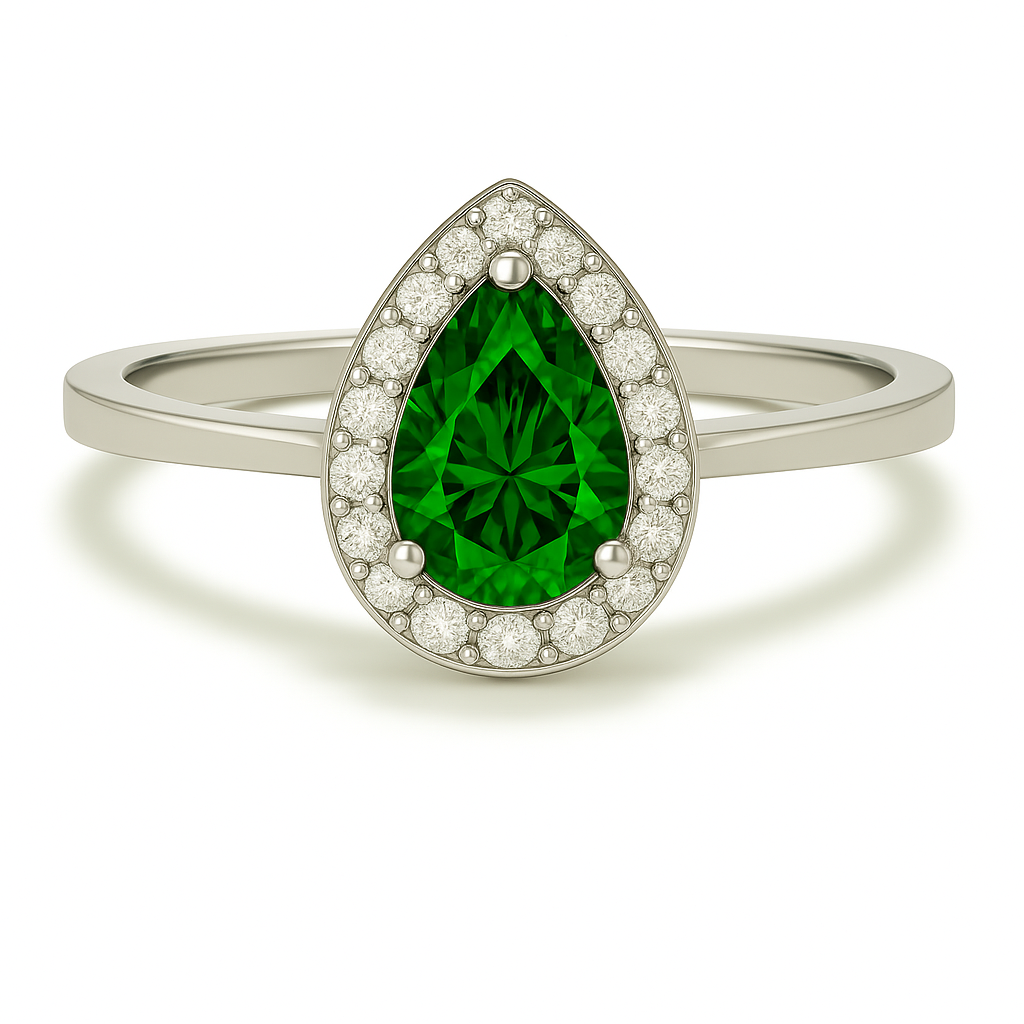 7×5 mm pear-cut green sapphire ring with Moissanite accents in white-gold-plated 925 silver. Brilliant halo sparkle with refined elegance. Now at BSI Jewelry.